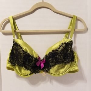 Cacique lime green & black lace demi underwire bra with purple bow size 42C